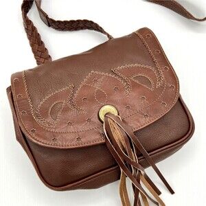 Fringed Boho Leather Crossbody Bag Tribeca Chestnut Brown Made in India